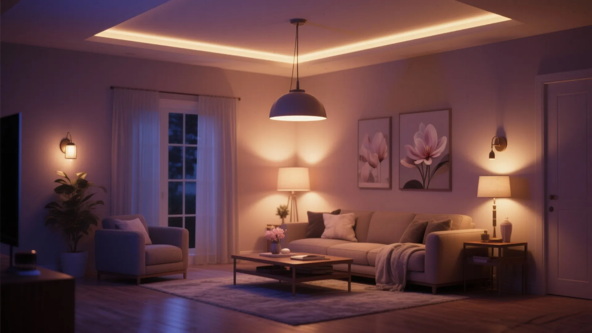 Magnolia living room with layered lighting enhancing wall tones