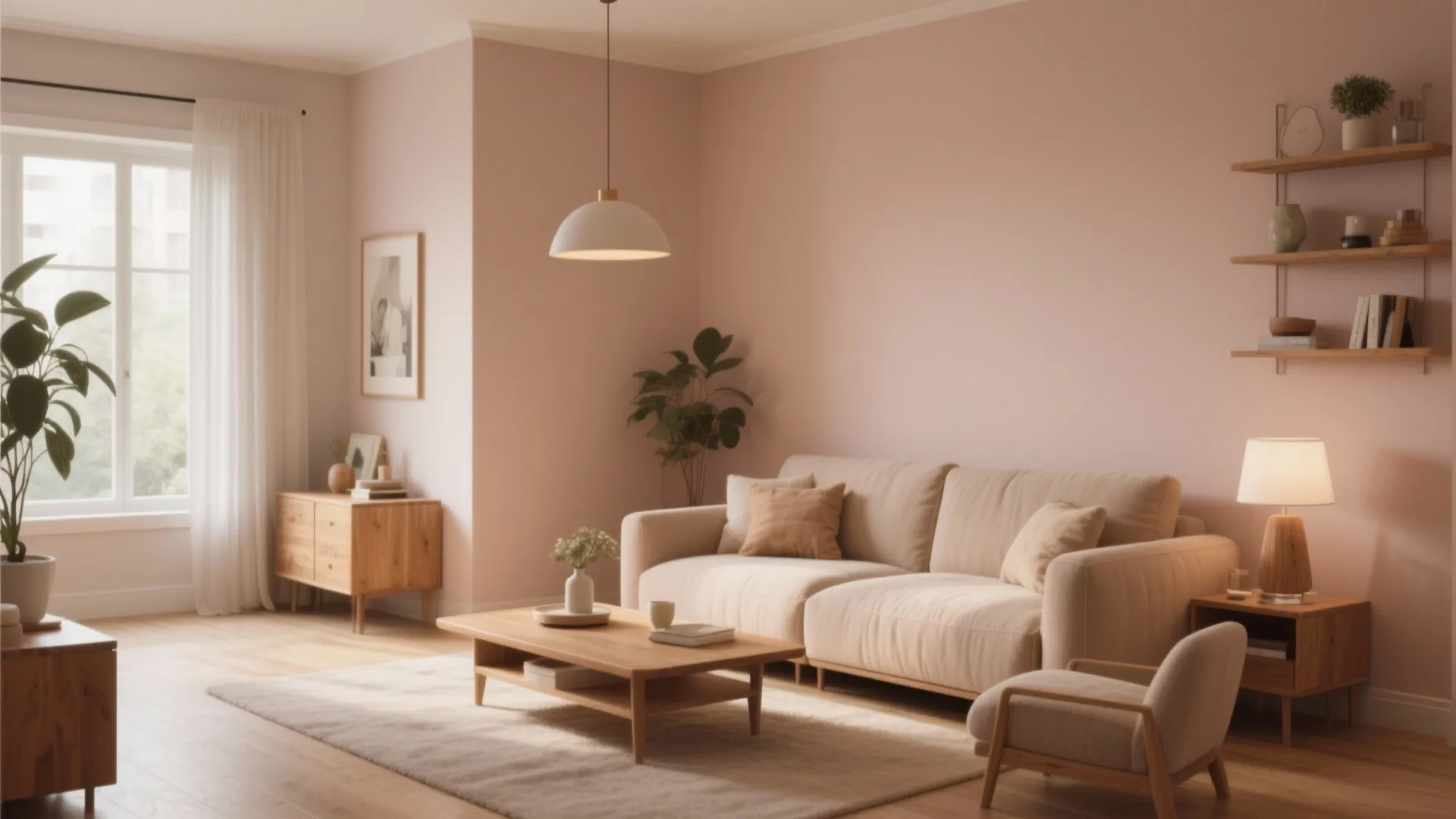 Warm living room with pink walls cream sofa wooden coffee table ceiling light and wall shelves
