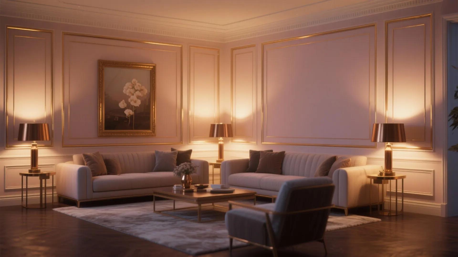 Magnolia walls with gold frames and bronze lamps