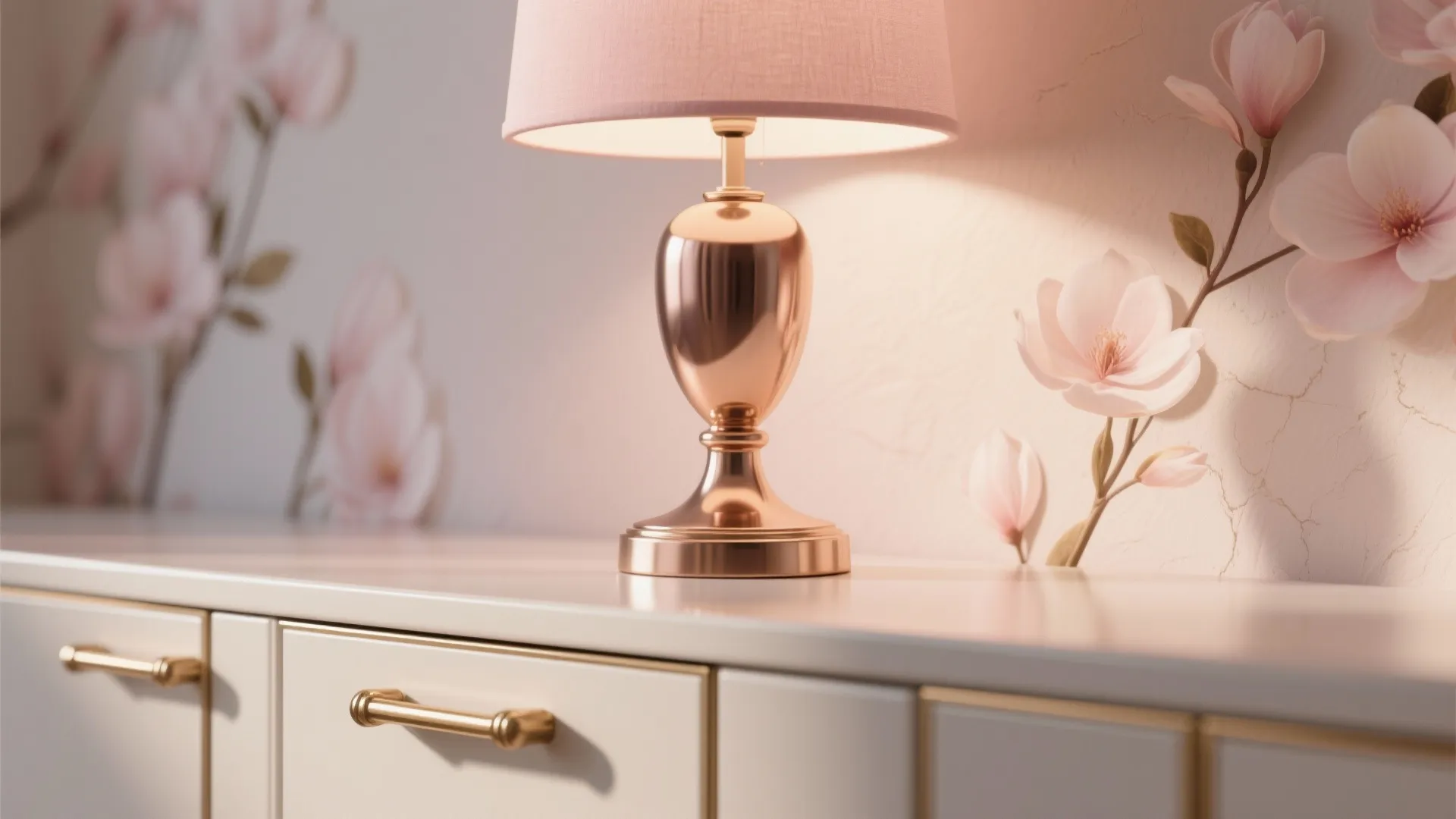 Pink table lamp on a white cabinet with gold handles against floral pattern wall paper