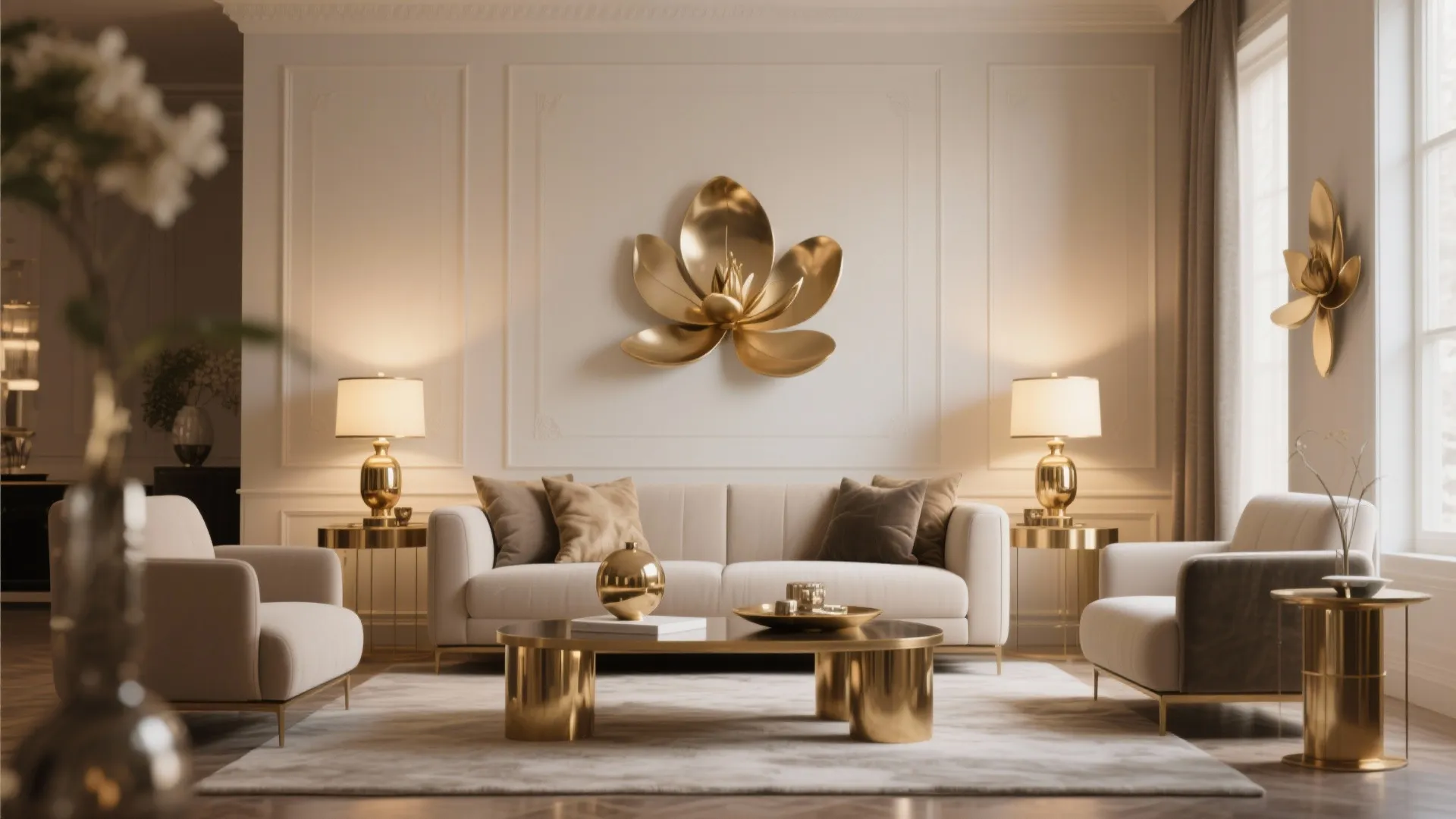 Brushed brass accents in magnolia living room