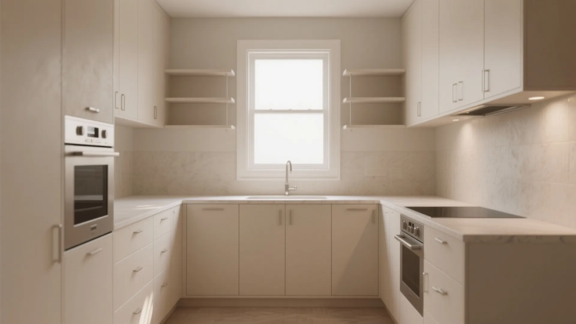 Compact minimalist kitchen rendered almost entirely in magnolia with mixed matte and subtle gloss textures.