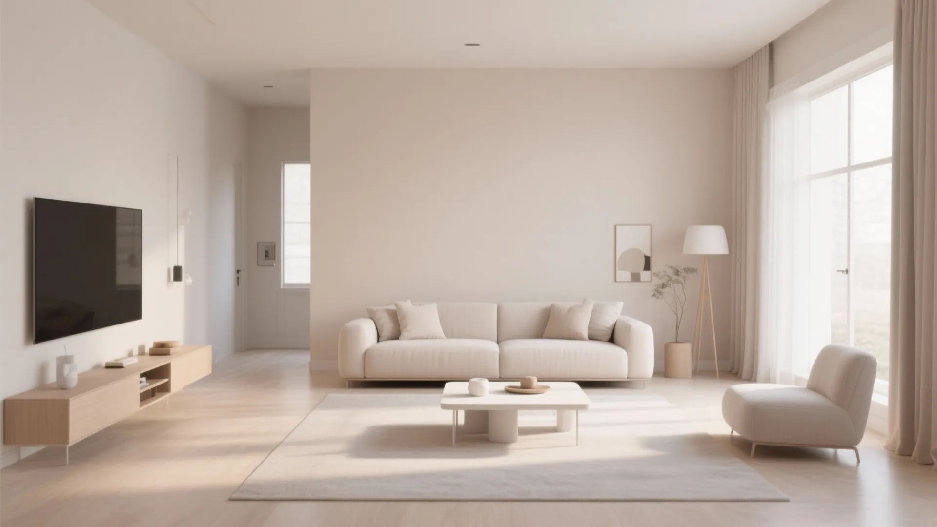 Minimalist living room with beige sofa white rug wooden TV stand floor lamp and large window