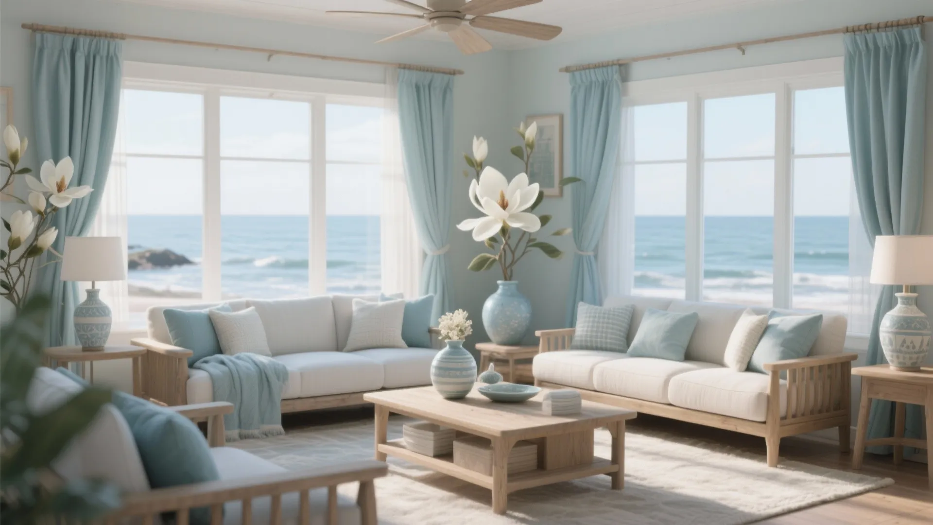 Magnolia living room with muted blue curtains in coastal theme