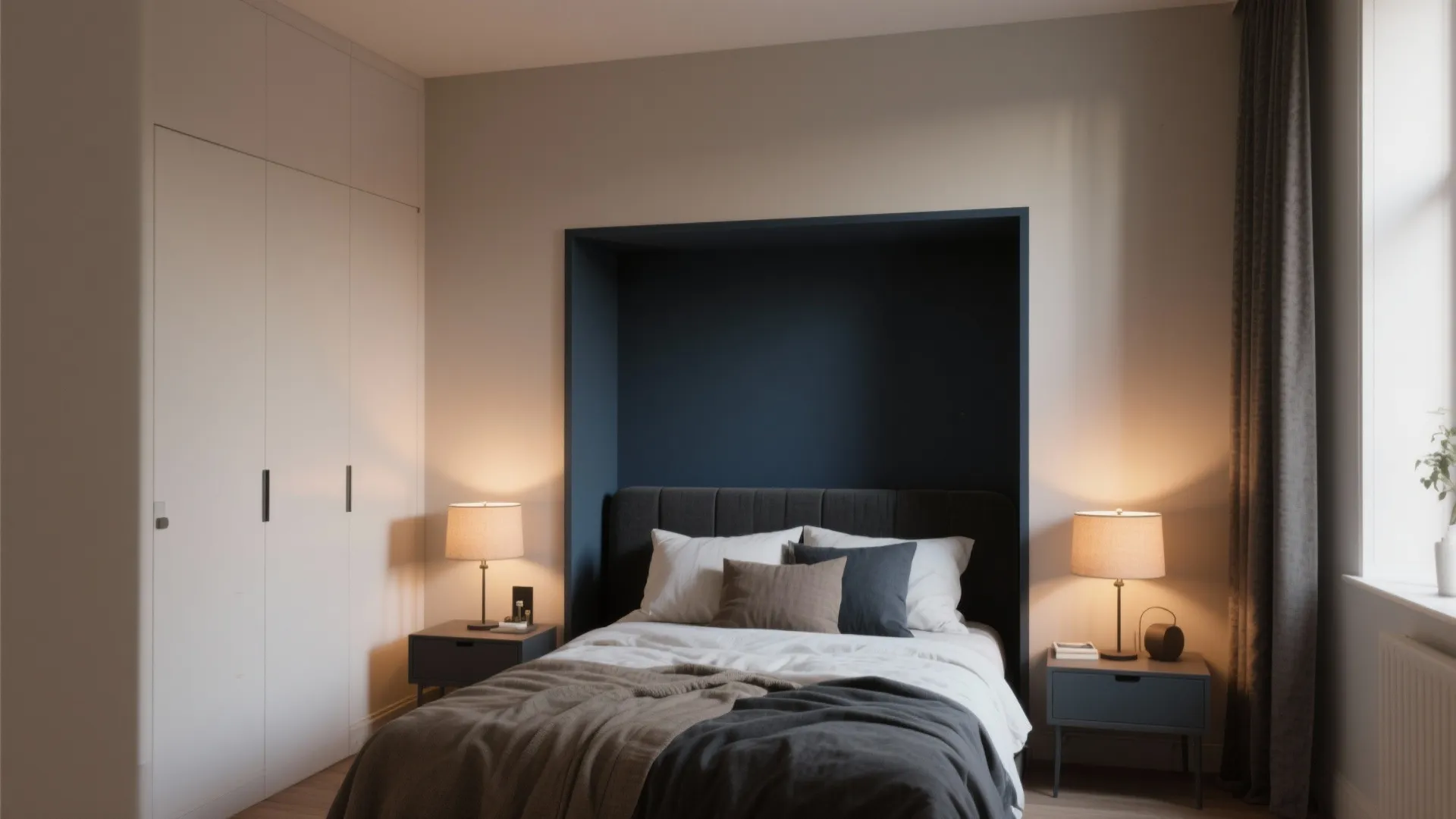 Bedroom with magnolia walls and a deep navy accent alcove creating depth in a small room