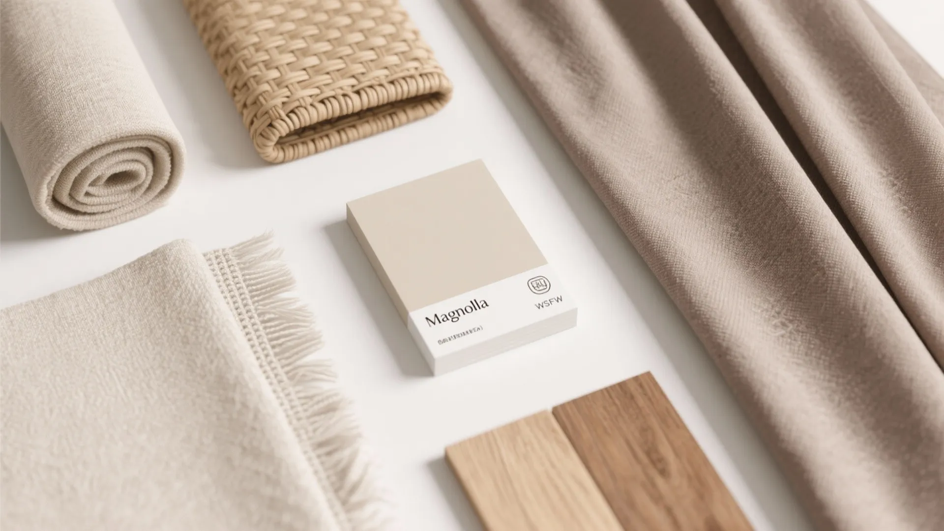 Assorted beige fabric samples and wood floor pieces arranged neatly around a Magnolia paint card