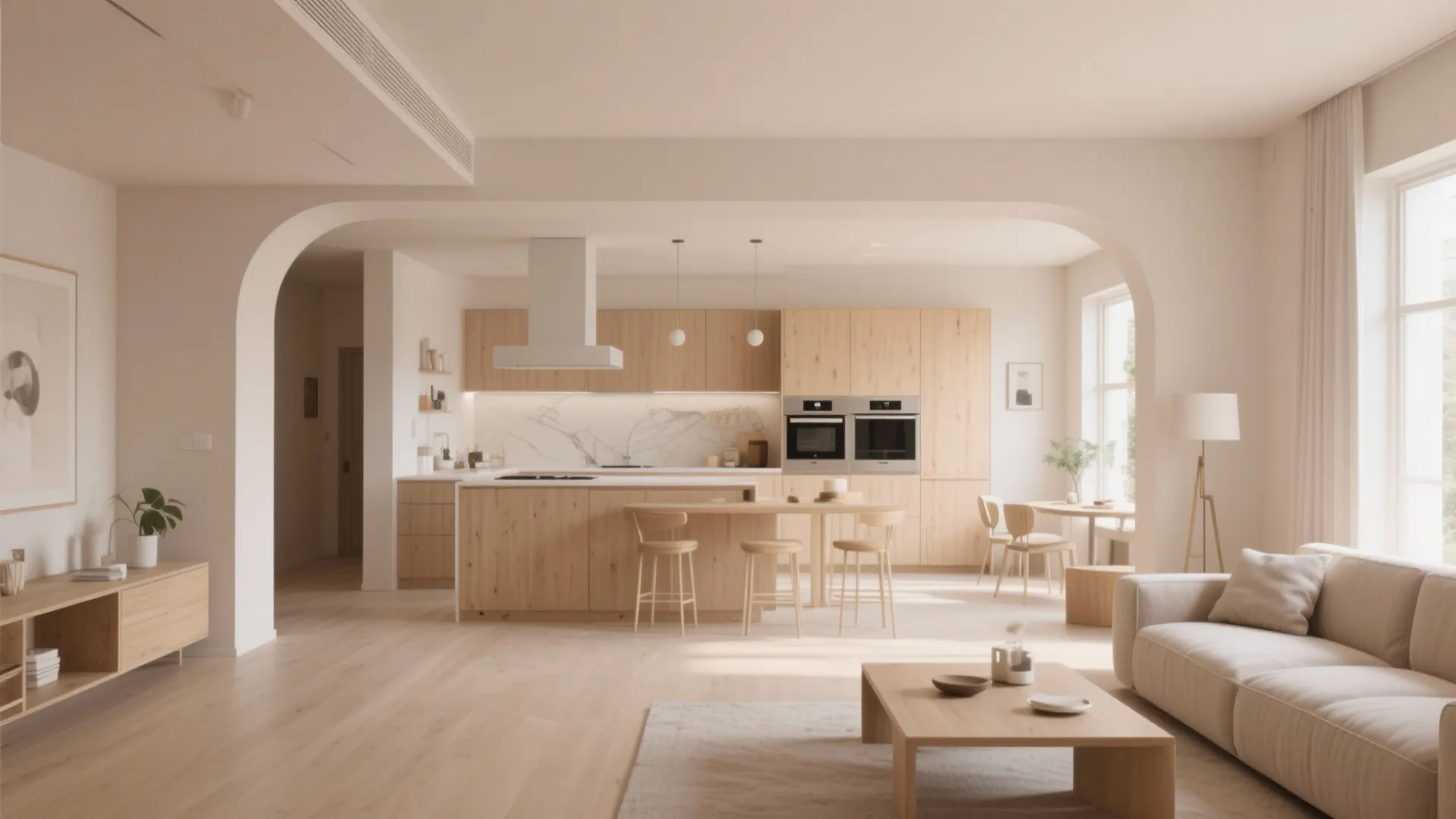 Open plan home interior design showing light wood kitchen cabinets, dining area, and living room