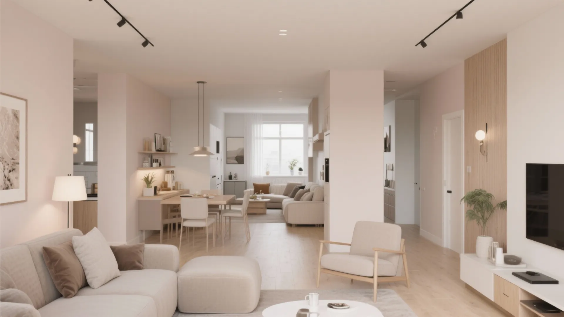 Magnolia wall unifying open-plan living space