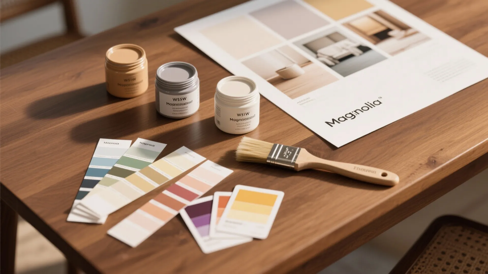 Flatlay of magnolia paint sample pots, swatch strips, lighting cards and sample patch photos for testing