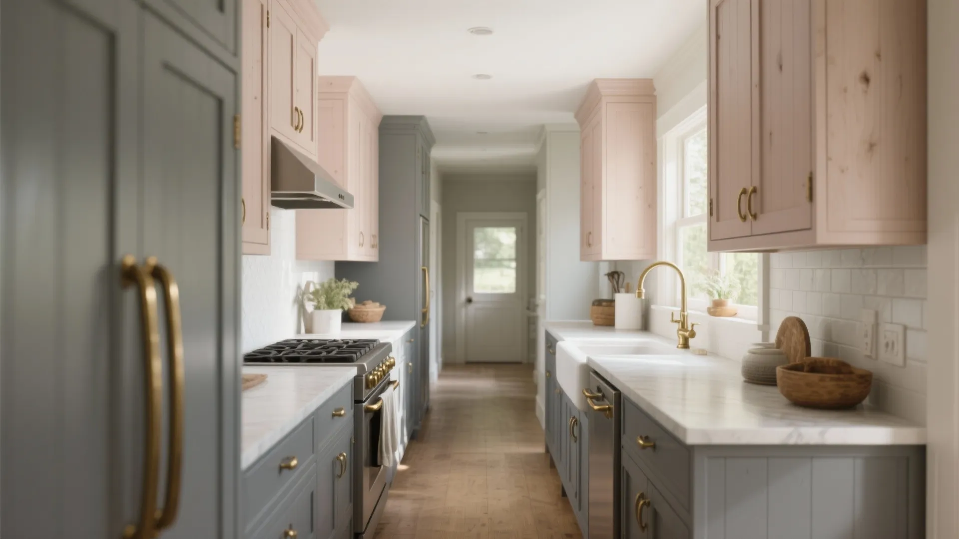 Galley kitchen with magnolia uppers and soft grey lower cabinets with aged brass hardware.