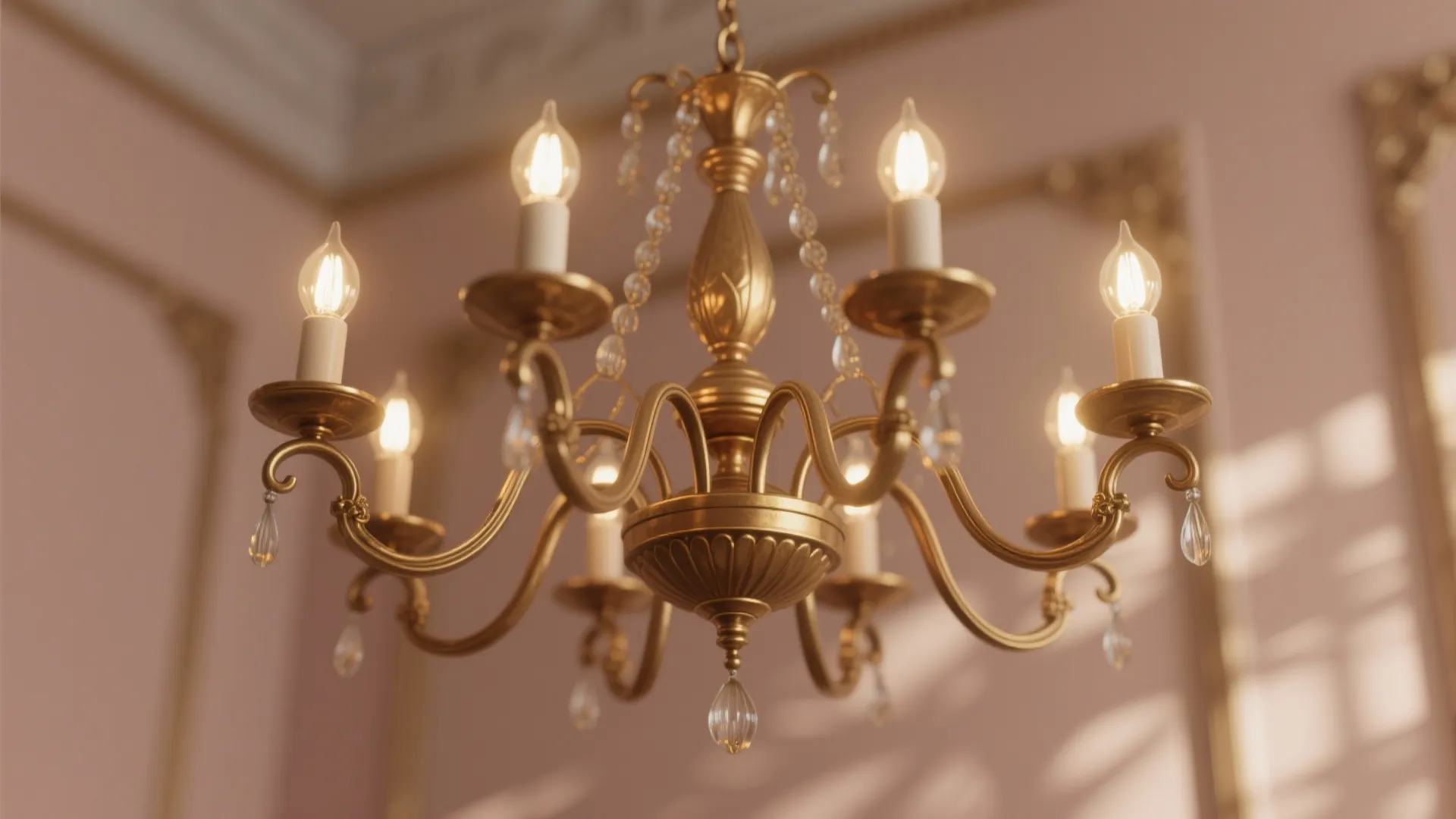 Elegant gold ceiling light with glass crystals against a soft pink wall and decorative molding