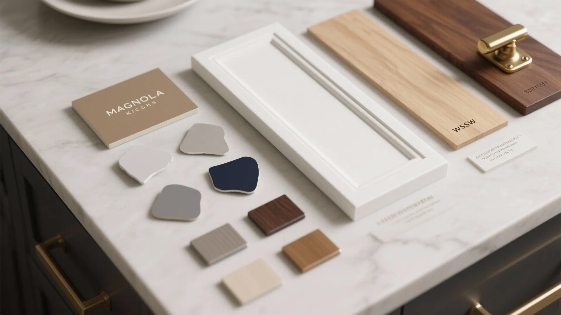 Top-down flatlay of magnolia paint swatches, navy and grey chips, wood sample and brass hardware.