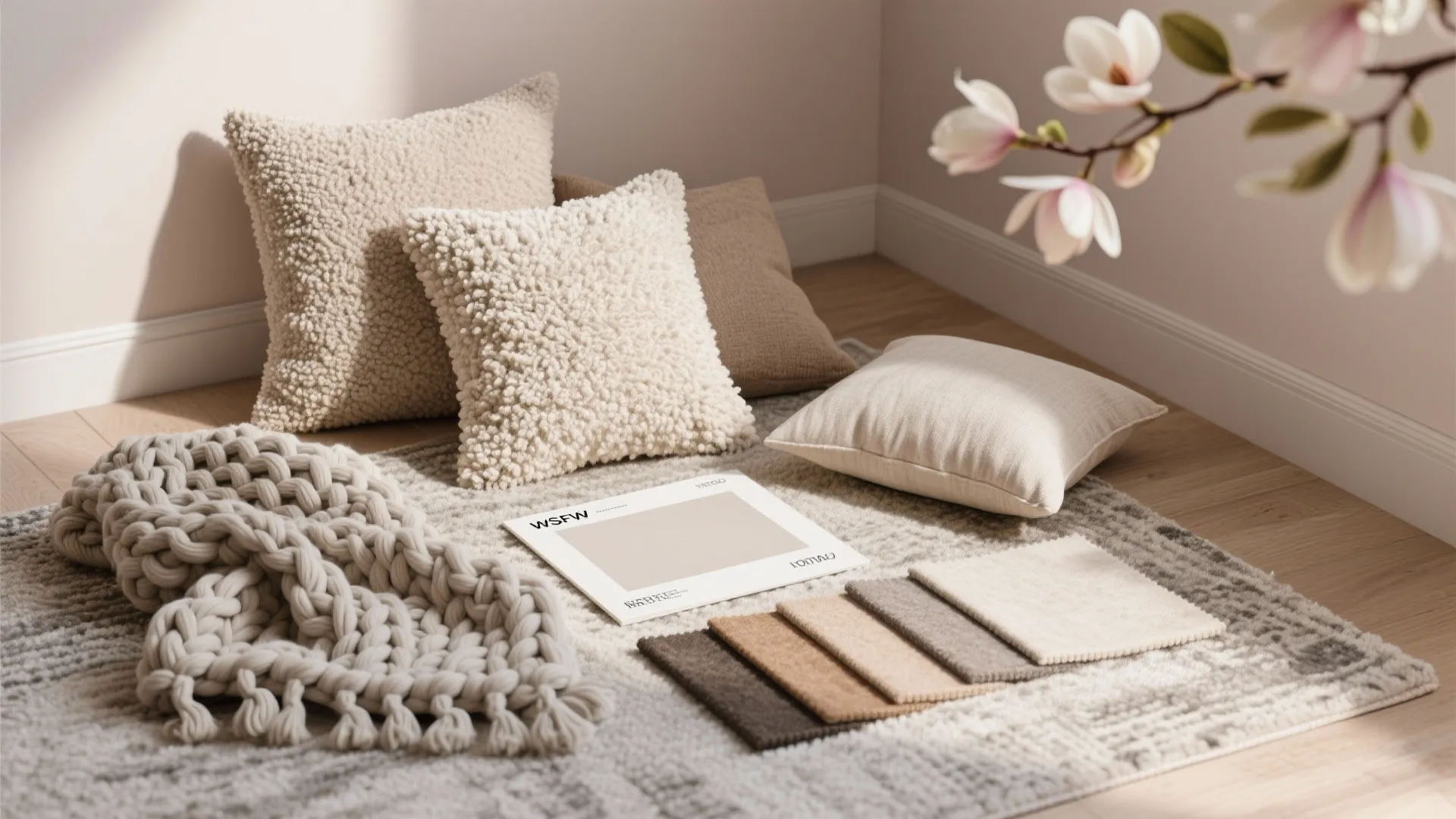 Cozy floor display featuring textured pillows knitted blanket carpet samples and a small flower branch