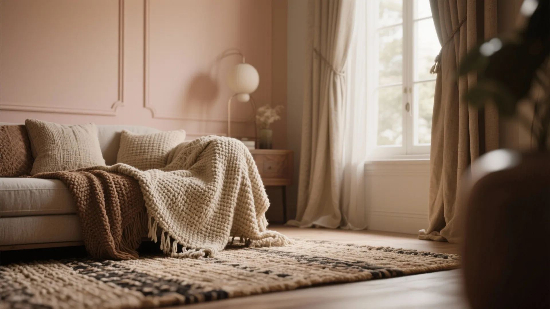 Close-up of textured fabrics against magnolia walls