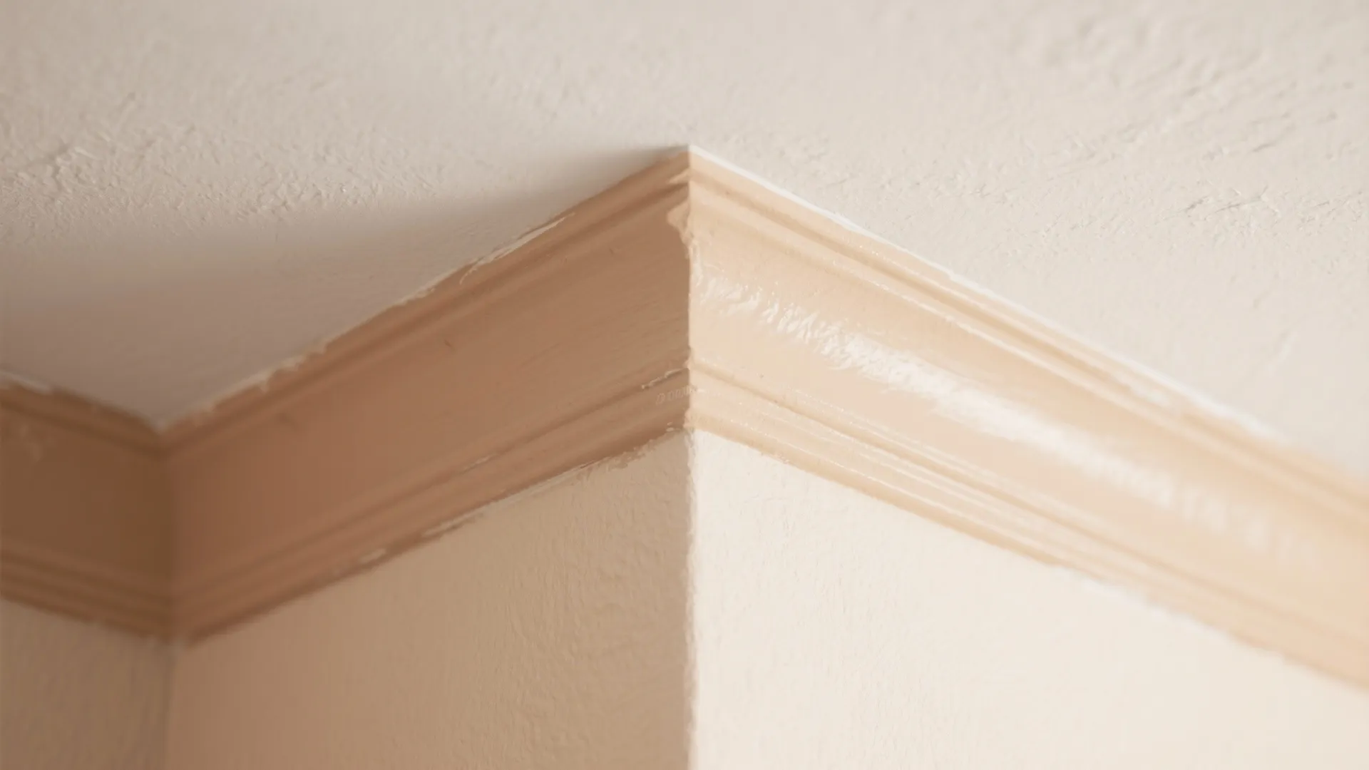 Close-up corner showing layered magnolia walls, warm white ceiling and darker trim with different paint finishes