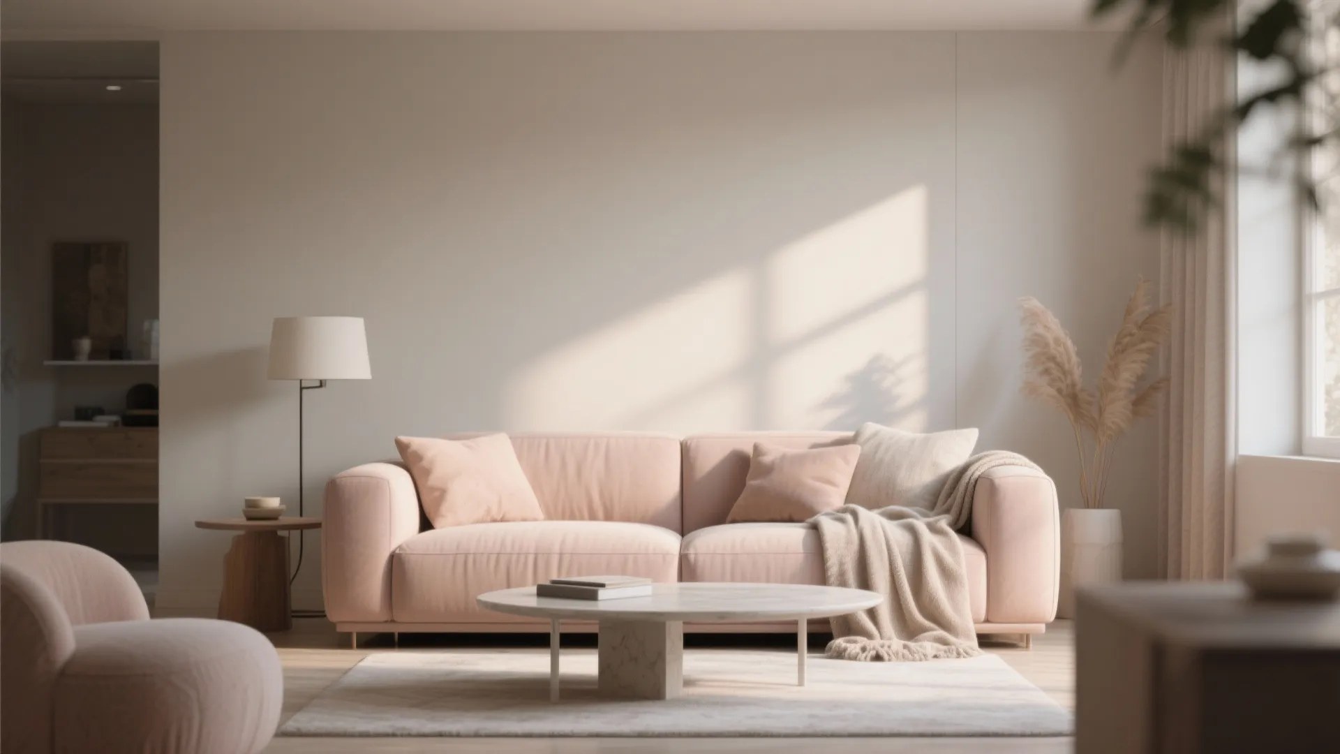 Magnolia colored sofa in bright living room