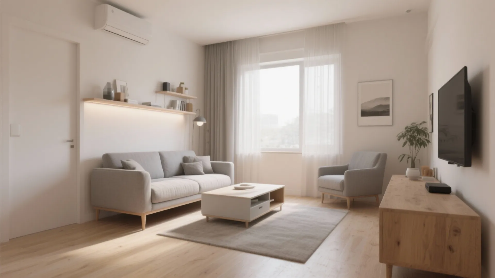 Modern living room with grey sofa wood floor white curtains and television on a cabinet