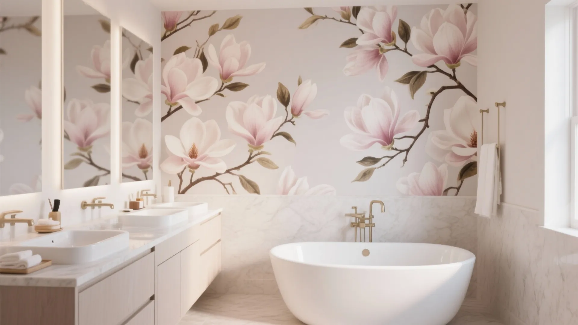 Modern bathroom featuring a white bathtub and double sink set against pink floral magnolia flower wallpaper