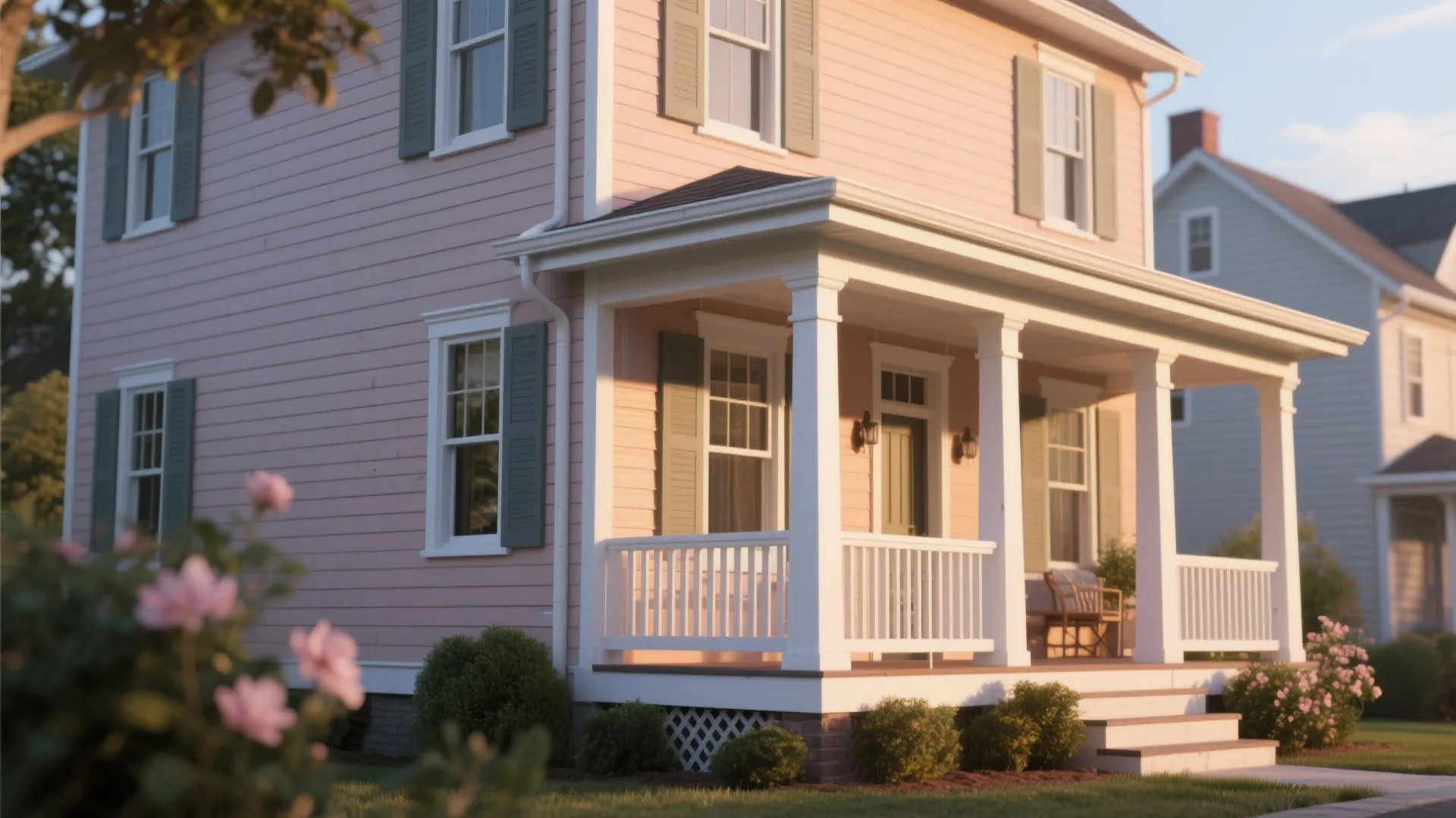 Porch close-up showing magnolia siding paired with warm white trim under soft daylight.