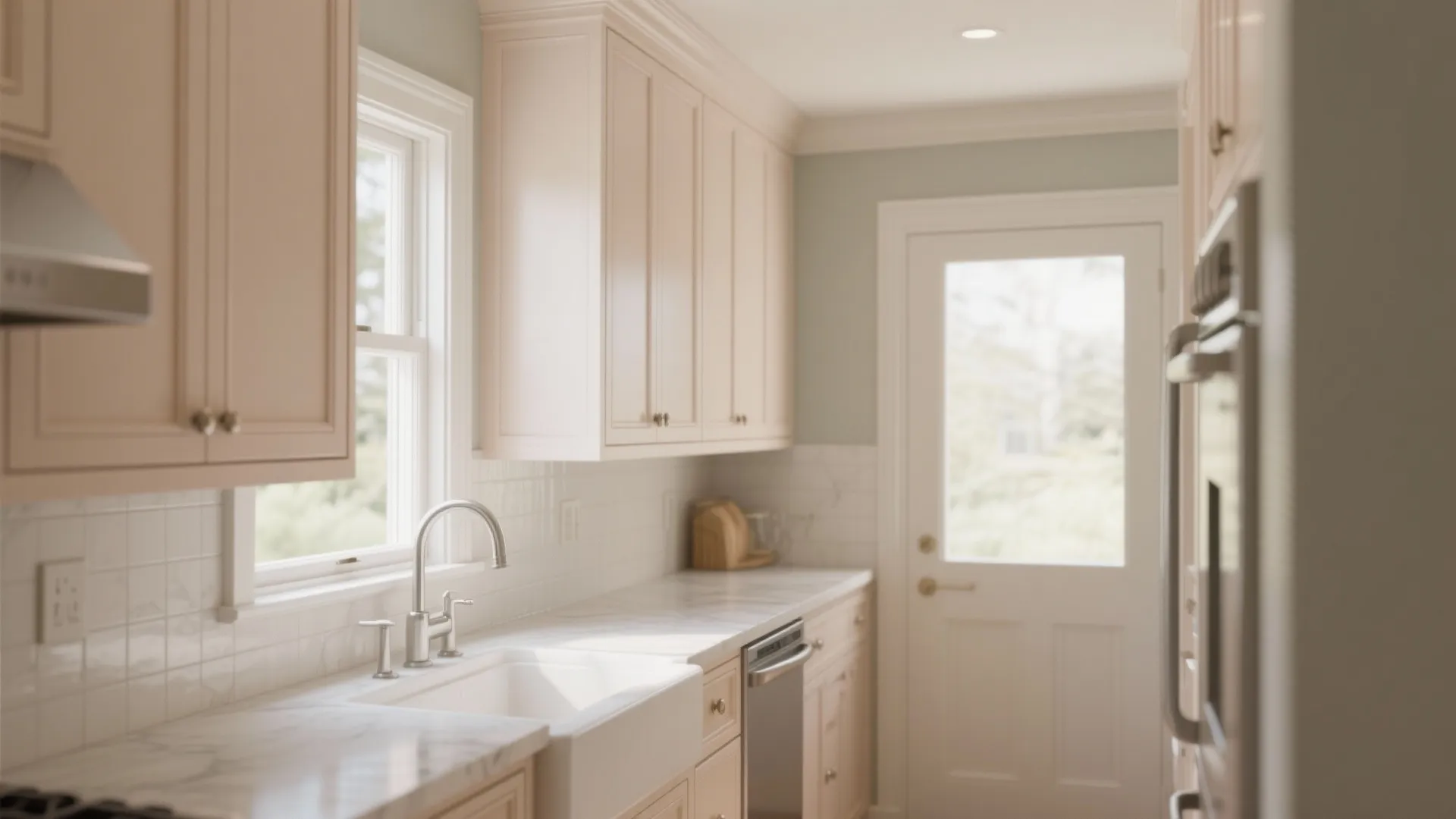 Bright narrow kitchen with magnolia upper cabinets and warm white trim in satin finish.