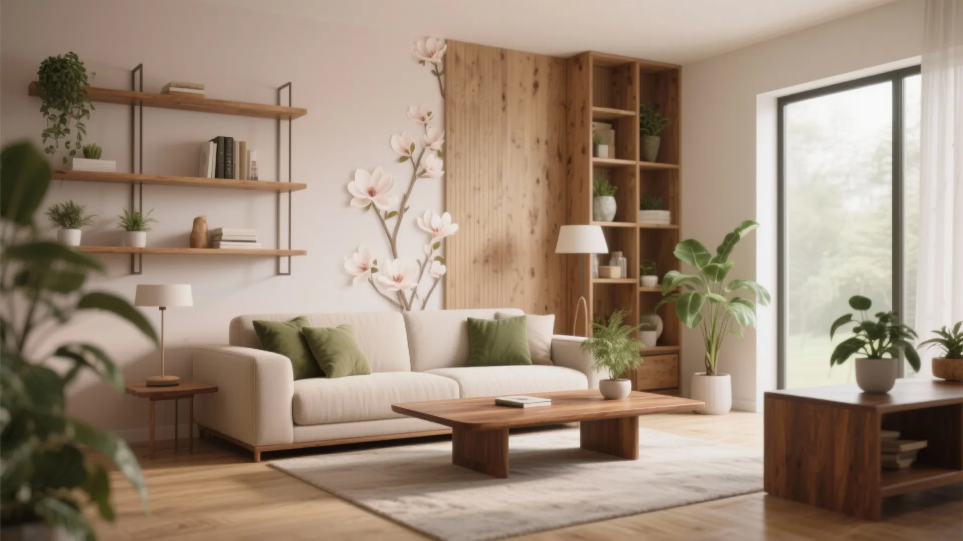 Magnolia living room with oak shelving and walnut table