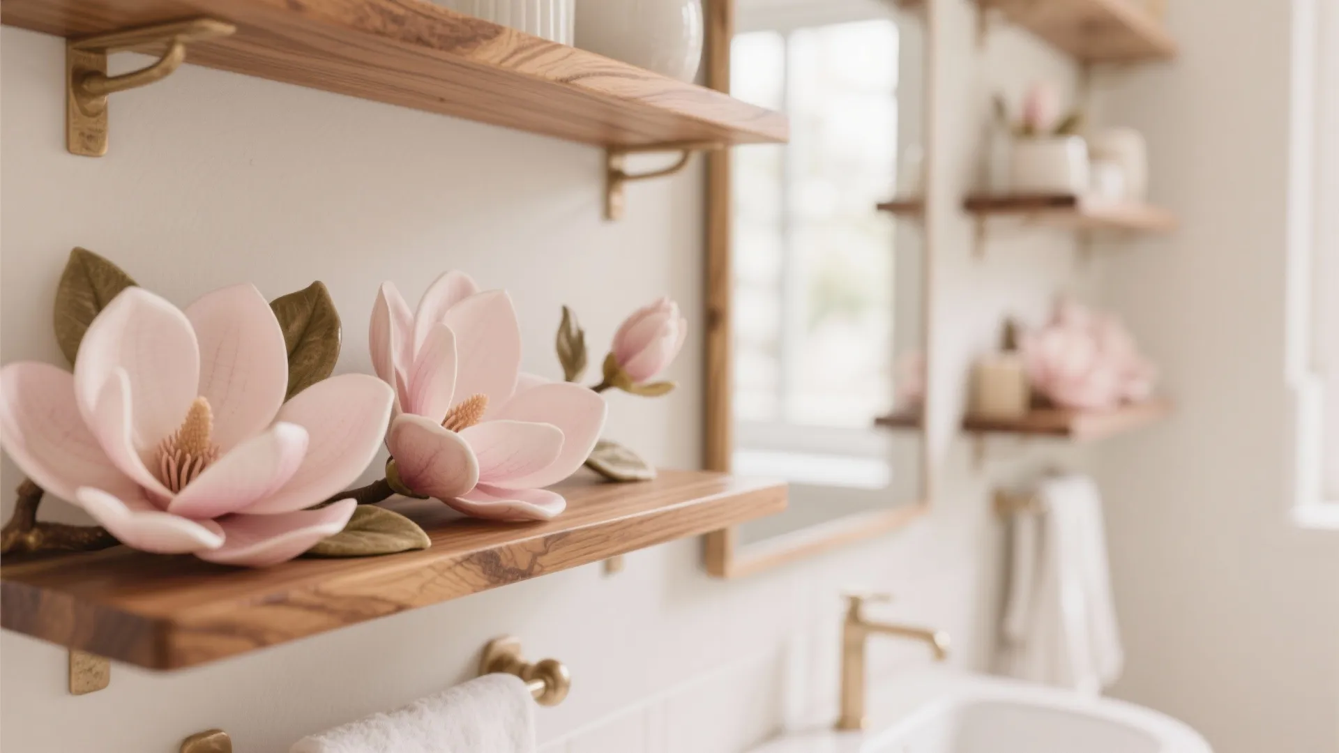 Pink flower decor on wooden wall shelves in a modern bathroom with white wall tiles