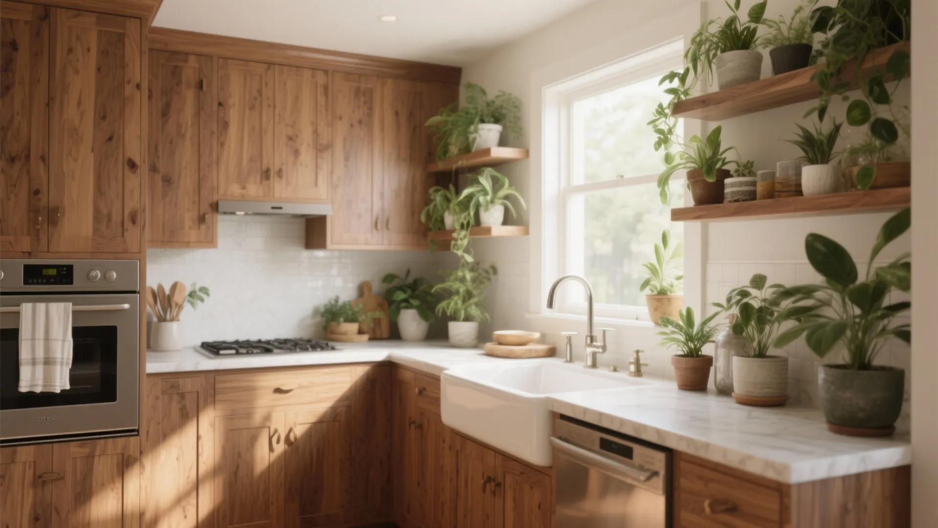 Magnolia cabinets paired with walnut open shelves and potted plants creating a fresh, natural kitchen vibe.