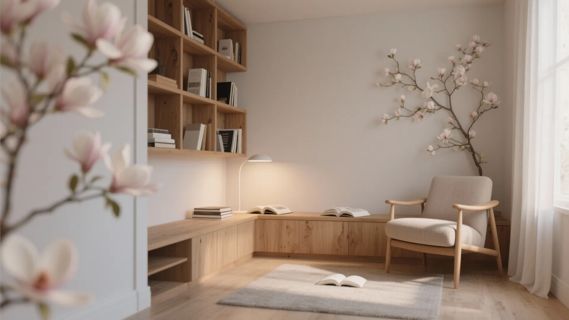 Reading nook with magnolia walls and oak shelves