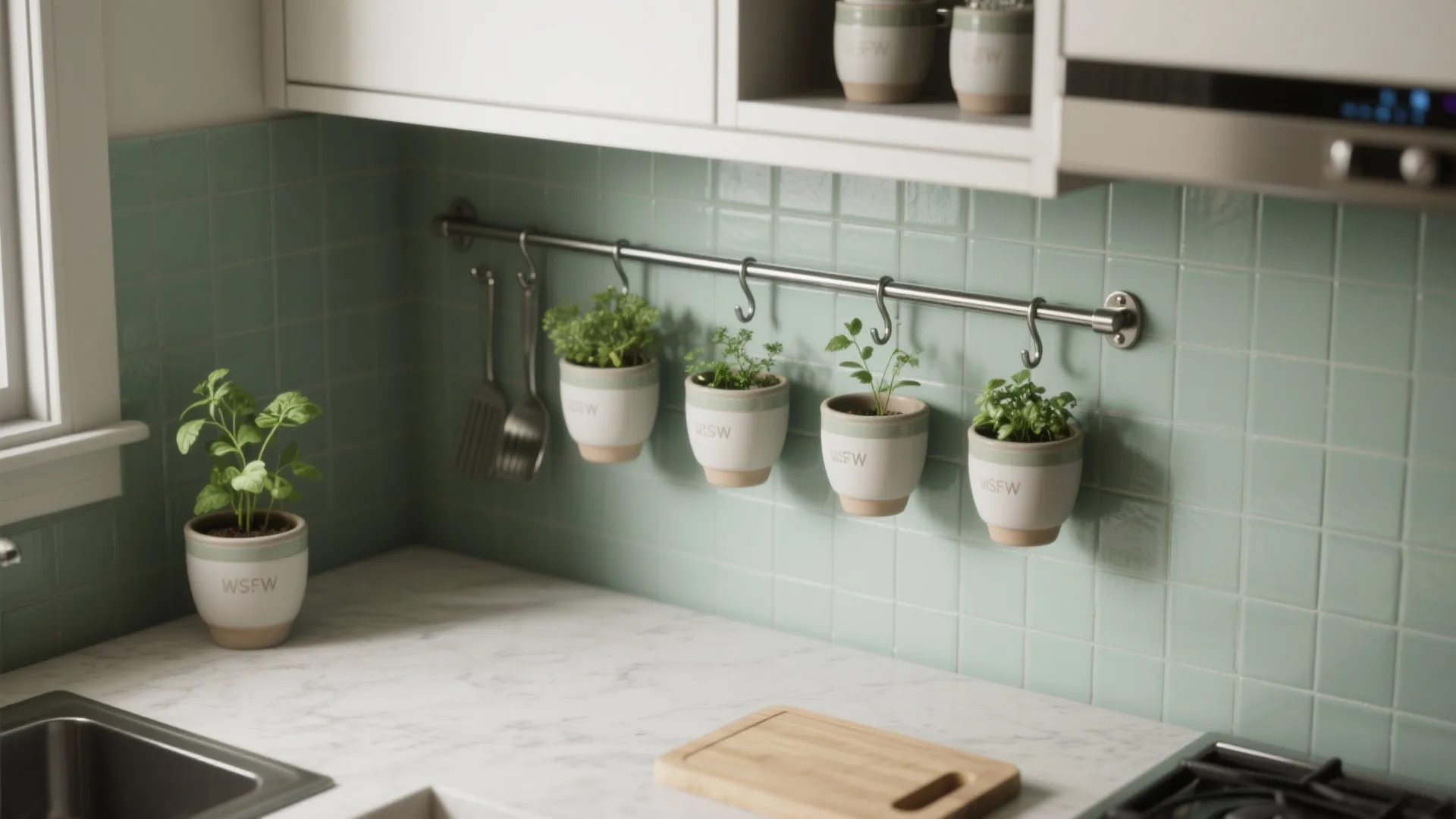 White herb pots hanging on a metal wall rail over a marble kitchen counter top