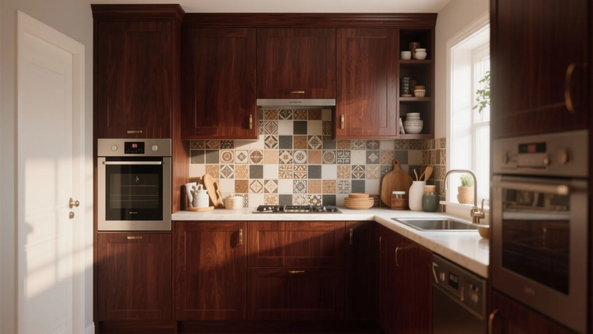 Modern kitchen with dark wood cabinets patterned wall tiles built in oven and white countertop