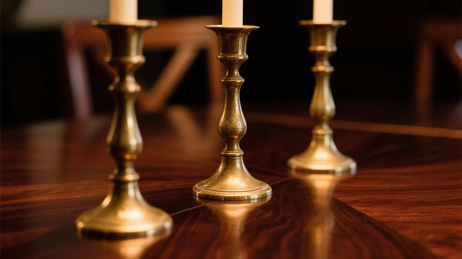 Three vintage brass candle holders on a dark polished wood table in a dining room