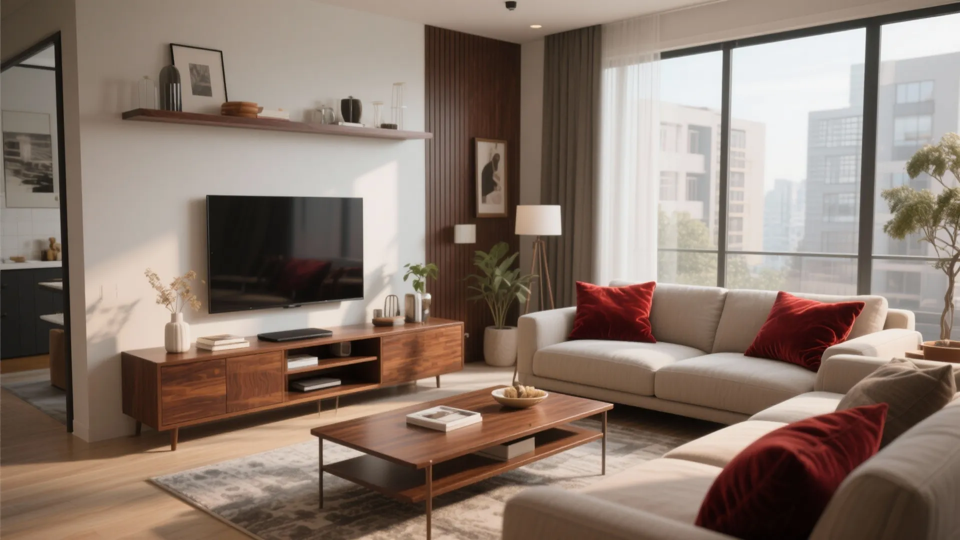 Mahogany furniture with brick red velvet cushions on sofa