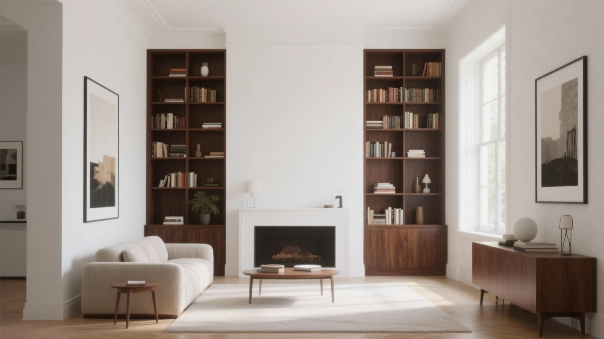 Minimalist white living room with fireplace built-in wooden bookshelves cream sofa and wooden cabinet furniture