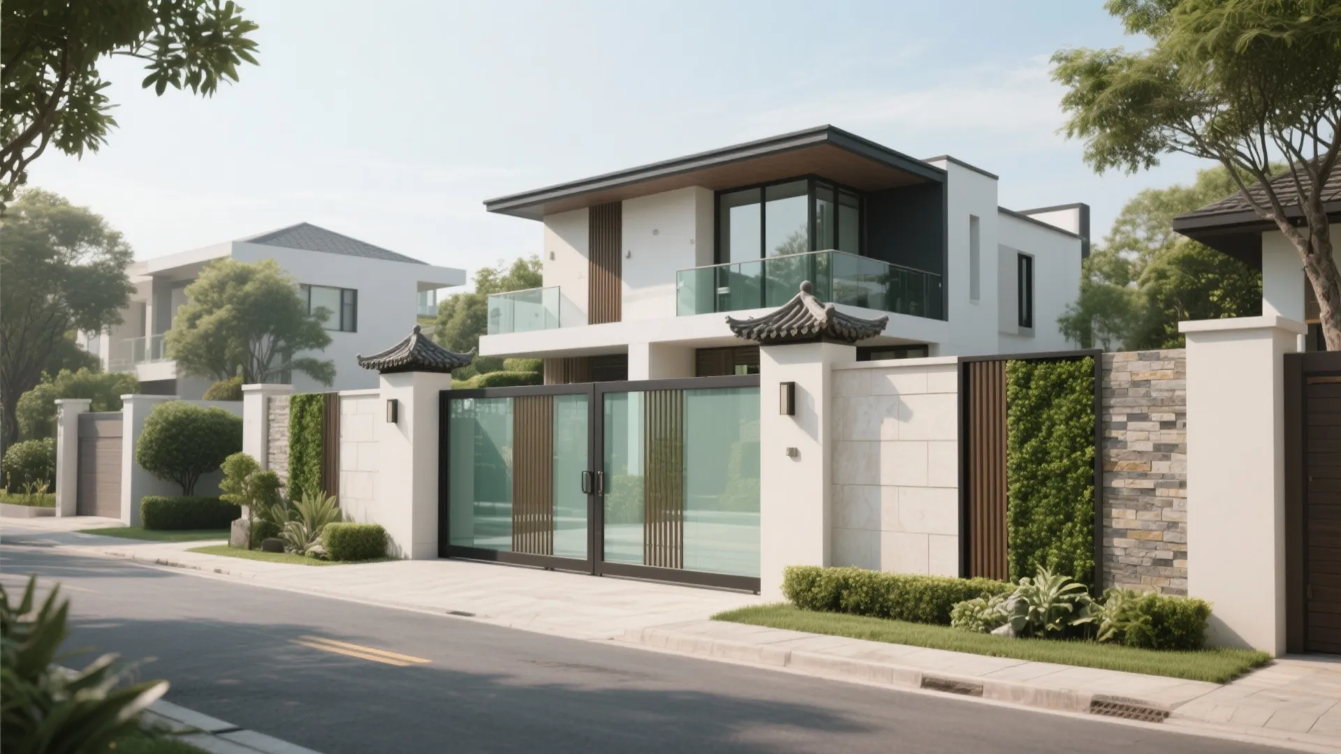 Modern white house exterior with large glass gate stone wall green plants and blue sky