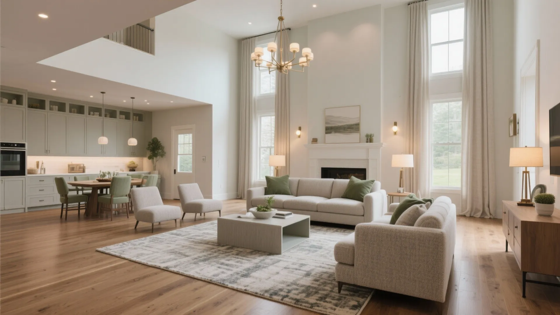Large open-plan living room with high ceiling, cream sofas, a gold ceiling light, and kitchen