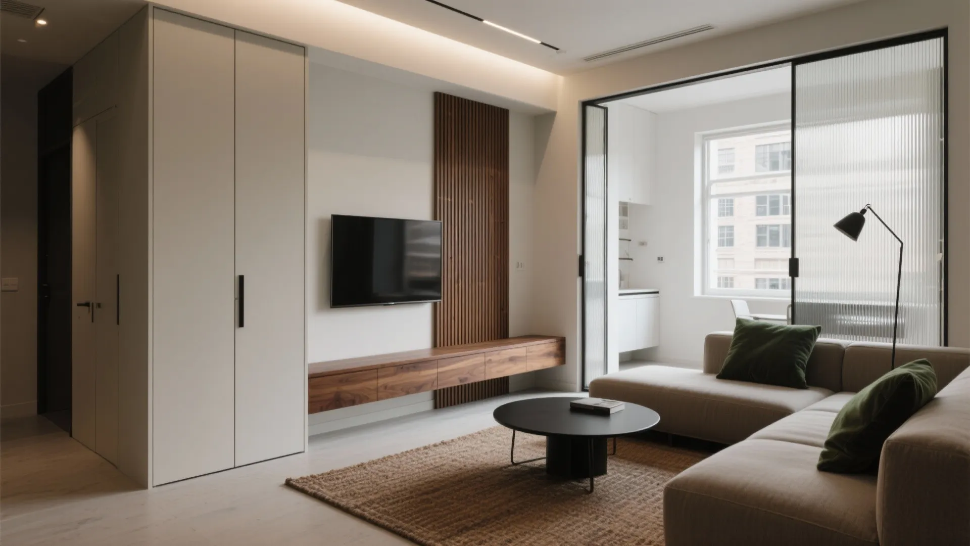 Minimalist living room with wall panel mounted television white wardrobe and sliding glass balcony doors