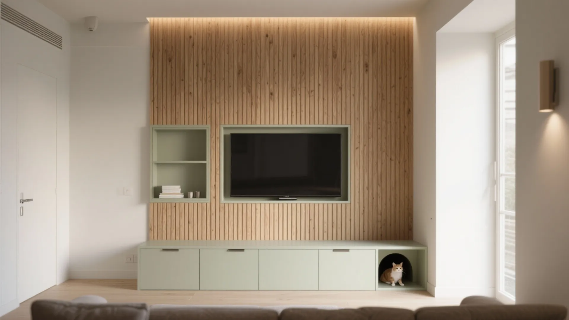 Modern living room featuring wood wall panels light green cabinet television and a small cat