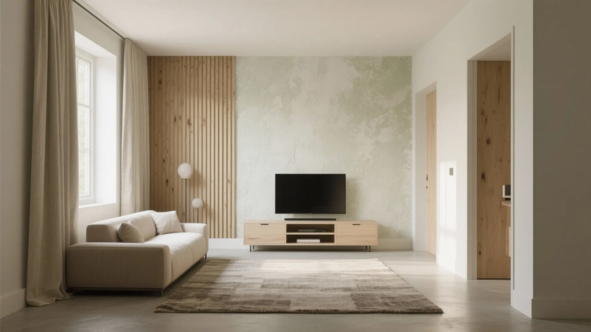 Living room with television on wooden cabinet green textured wall wood panel white sofa and rug