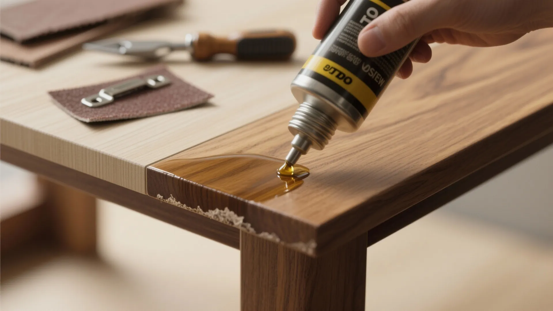 Macro view of wood grain, oil can and hinge hardware illustrating maintenance and budget choices.