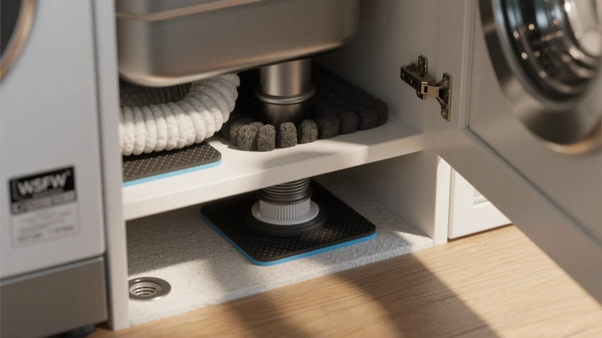 Macro detail of anti-vibration pads, acoustic insulation and a hinged toe-kick access panel for hidden washer maintenance.