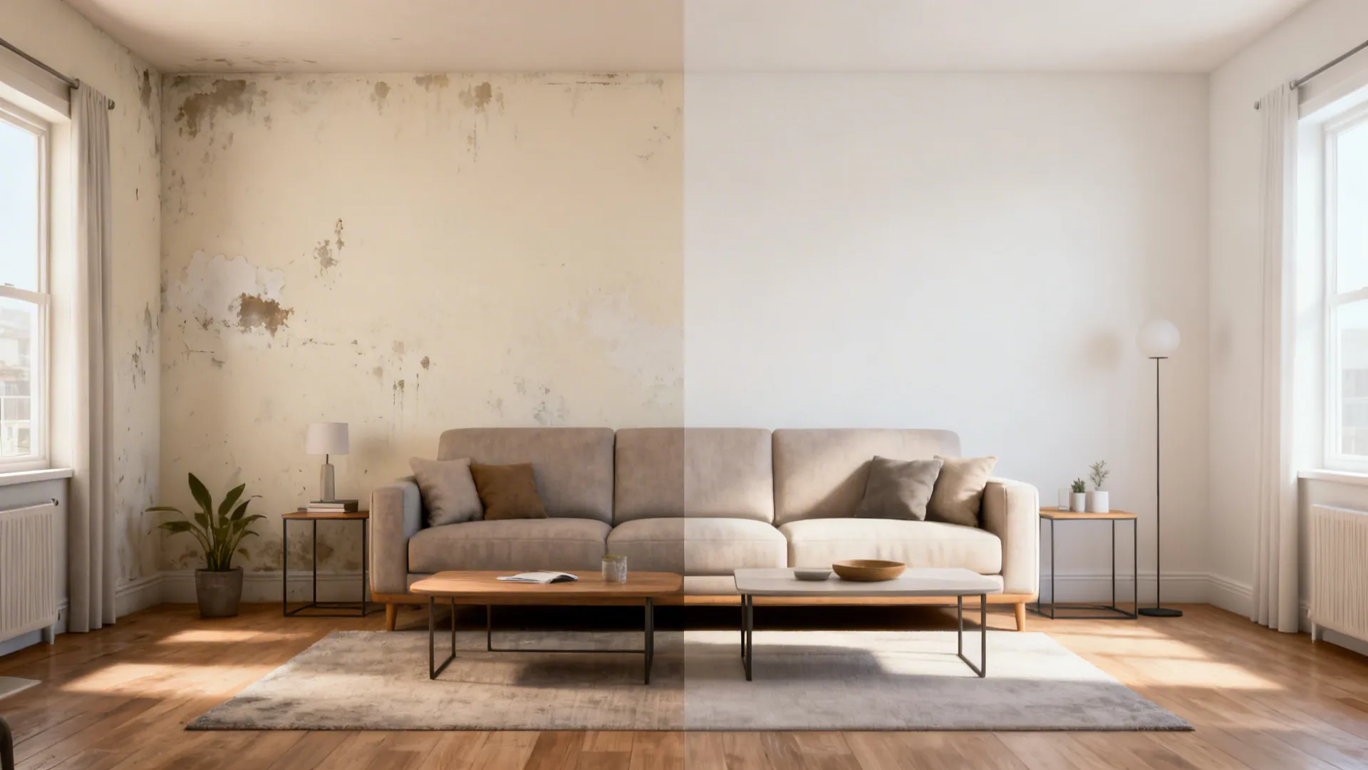 Split before-and-after of scuffed eggshell wall and refreshed satin repaint in a rental living room.