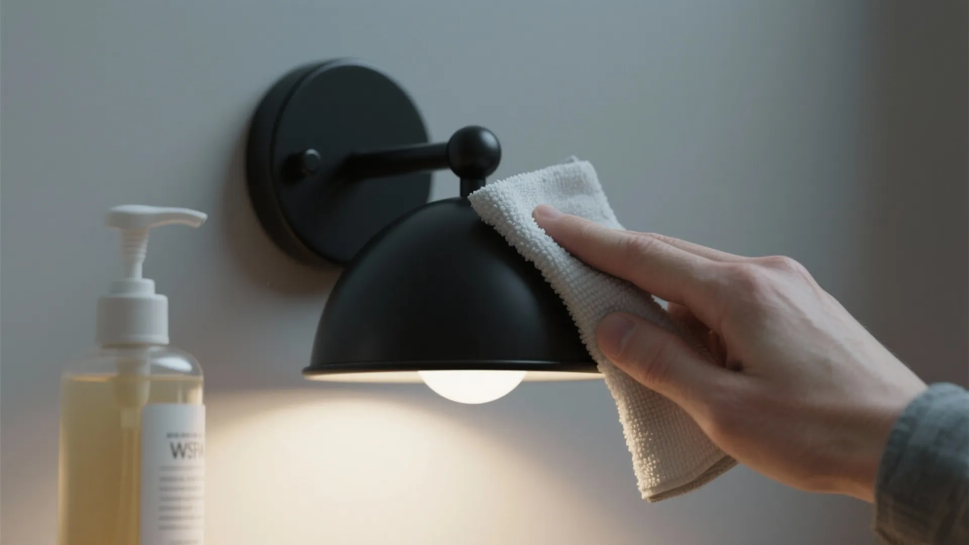 Hand wiping a matte black sconce with a damp cloth and mild soap for maintenance.