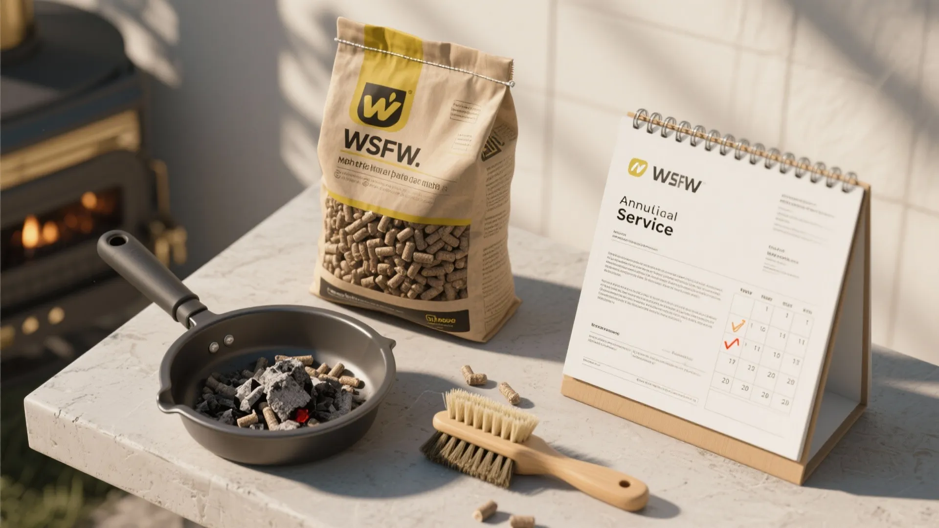 Flatlay of pellet bag sample, ash pan, cleaning brush and service invoice representing maintenance and costs