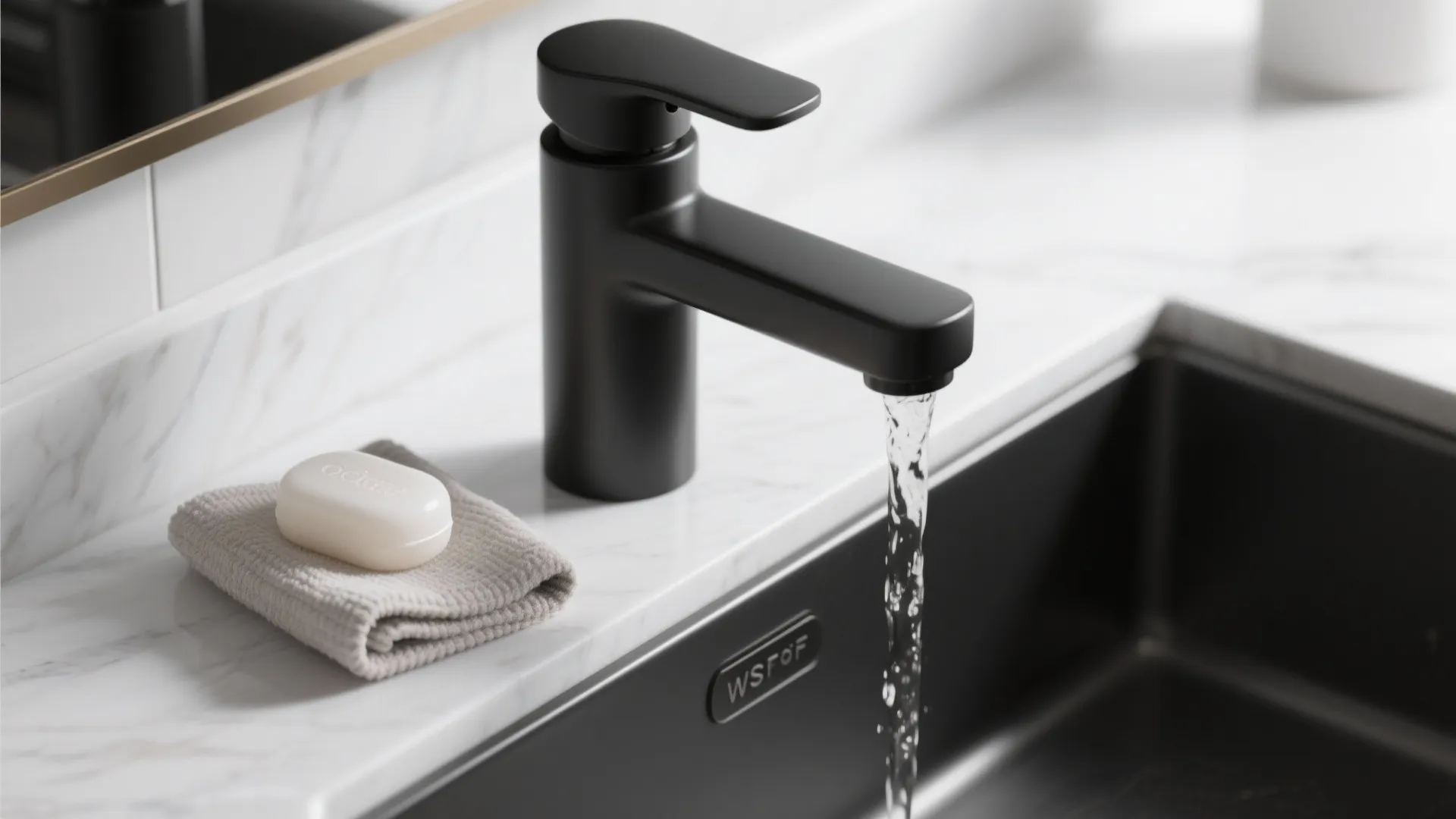 Black faucet running water into a dark sink with soap and cloth on marble counter