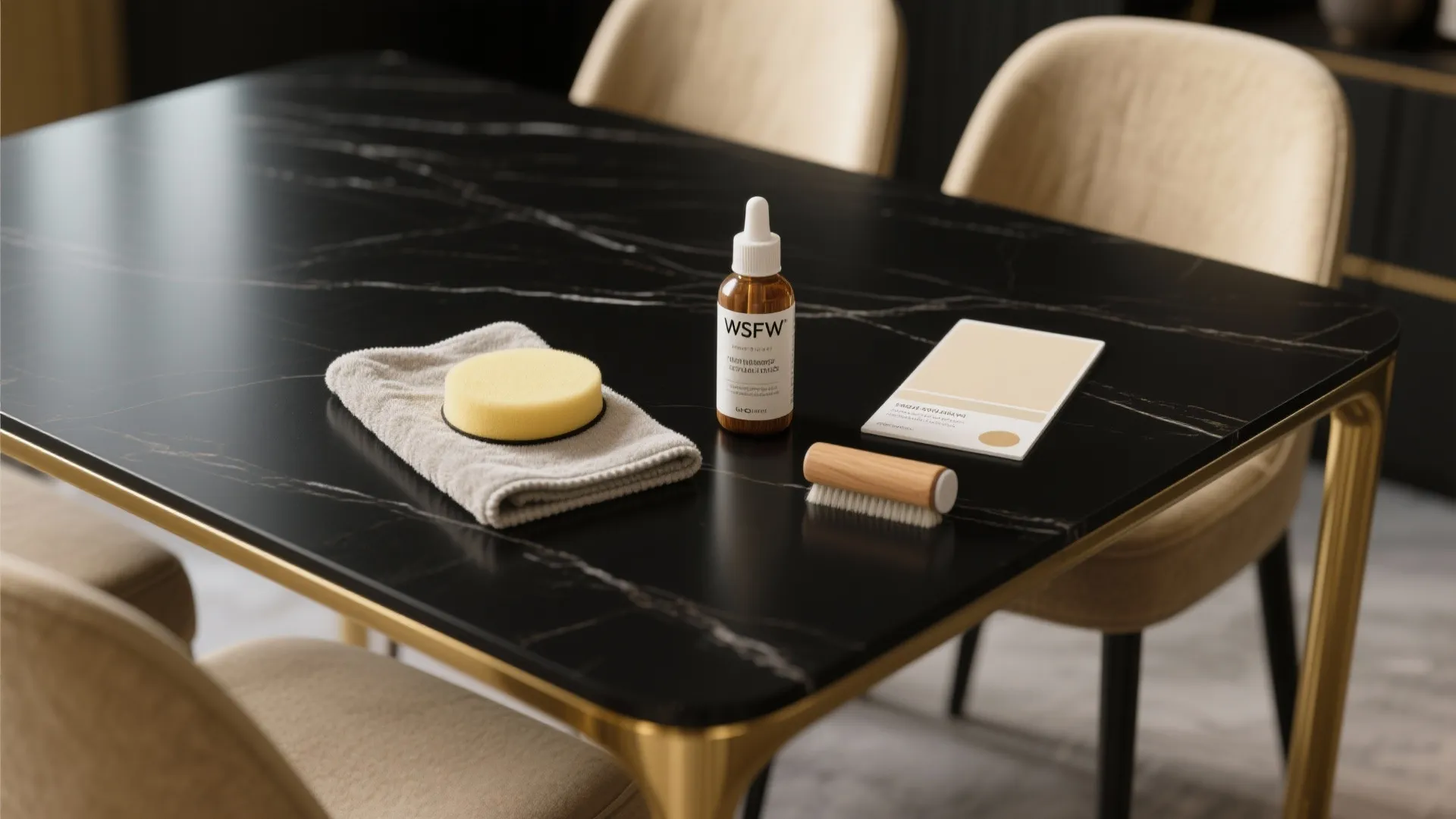 Cleaning tools including a bottle brush cloth and sponge on a black marble dining table surface