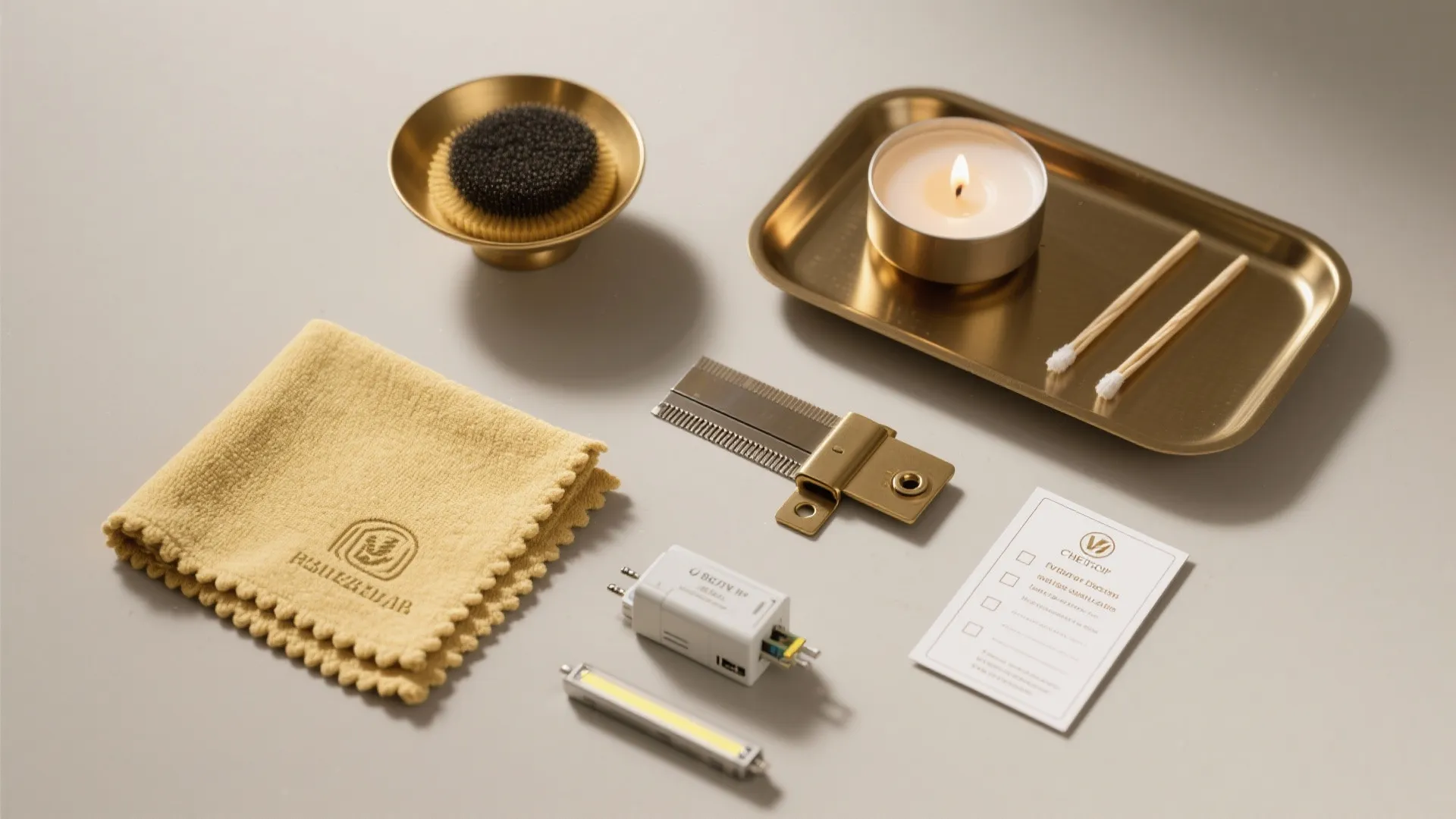 Cleaning kit with yellow cloth gold tray candle matches gold bowl and small electrical parts