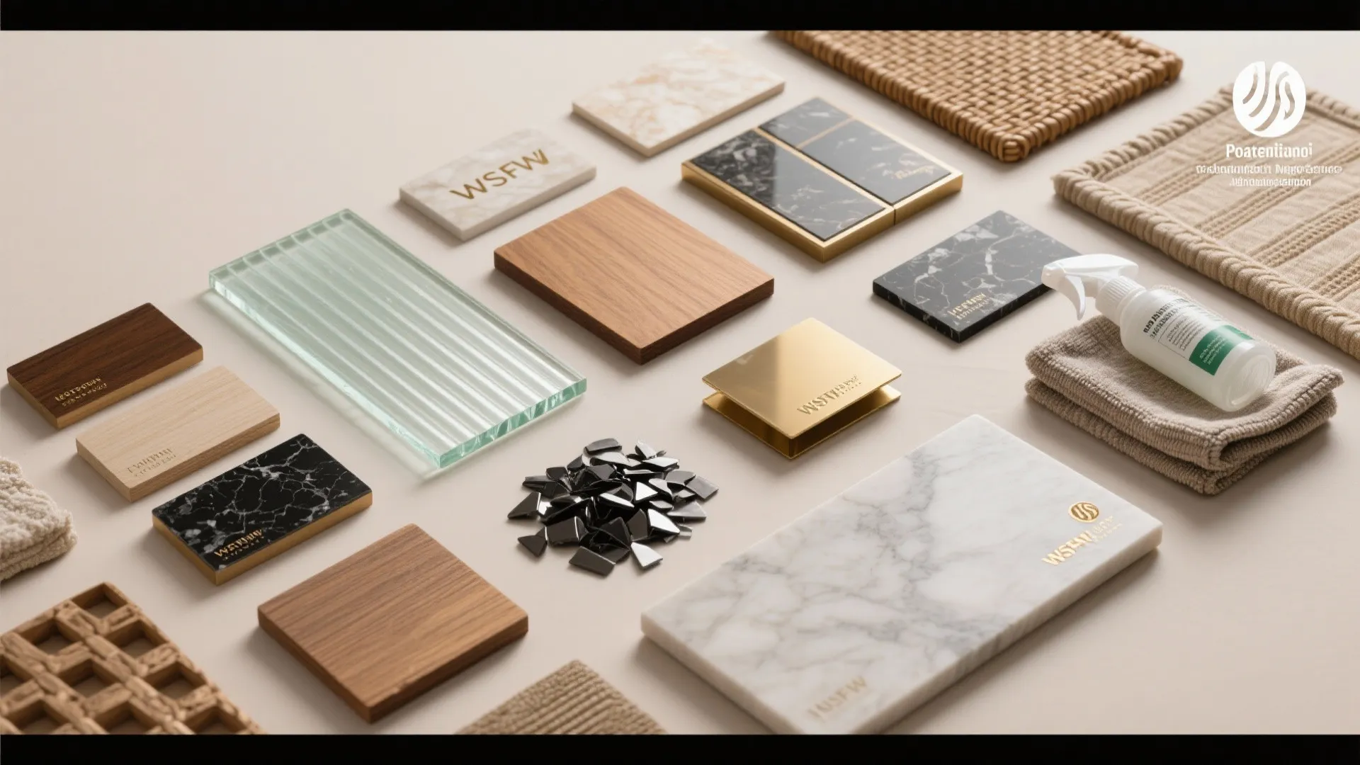 Flatlay of wood finishes, frosted and reeded glass, brass and black coatings, quartz and marble, fabric and cane samples, and cleaners.
