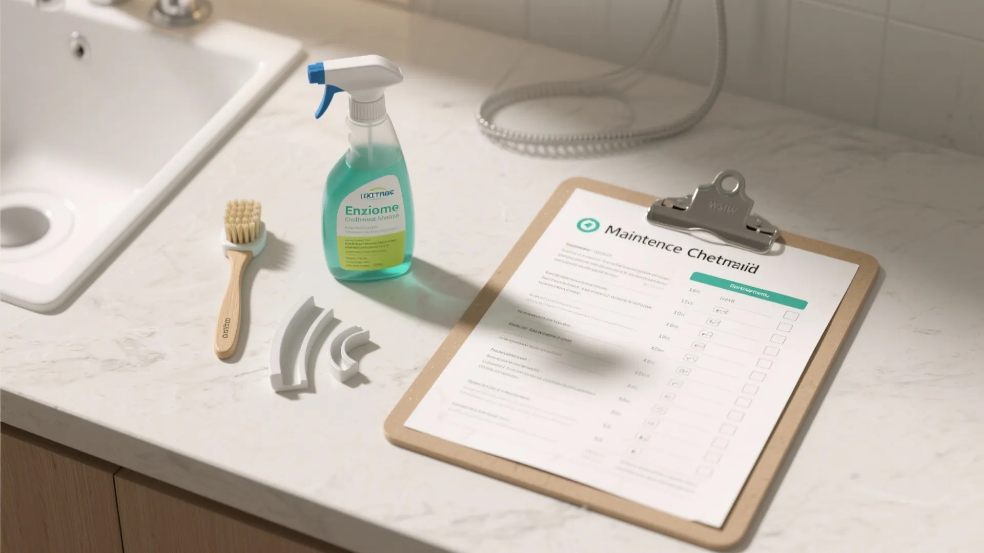 Maintenance cheat-sheet with enzyme cleaner and tools to keep drains and trims accessible for regular cleaning.