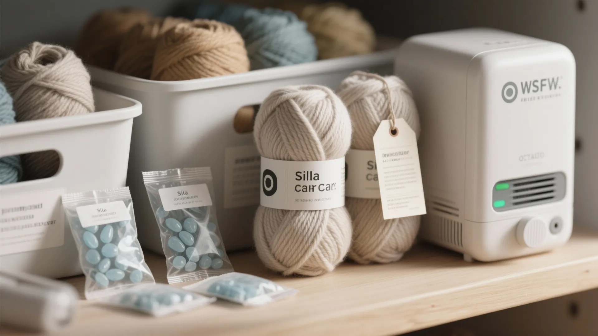 White yarn balls and small blue bags on wooden shelf next to a white machine