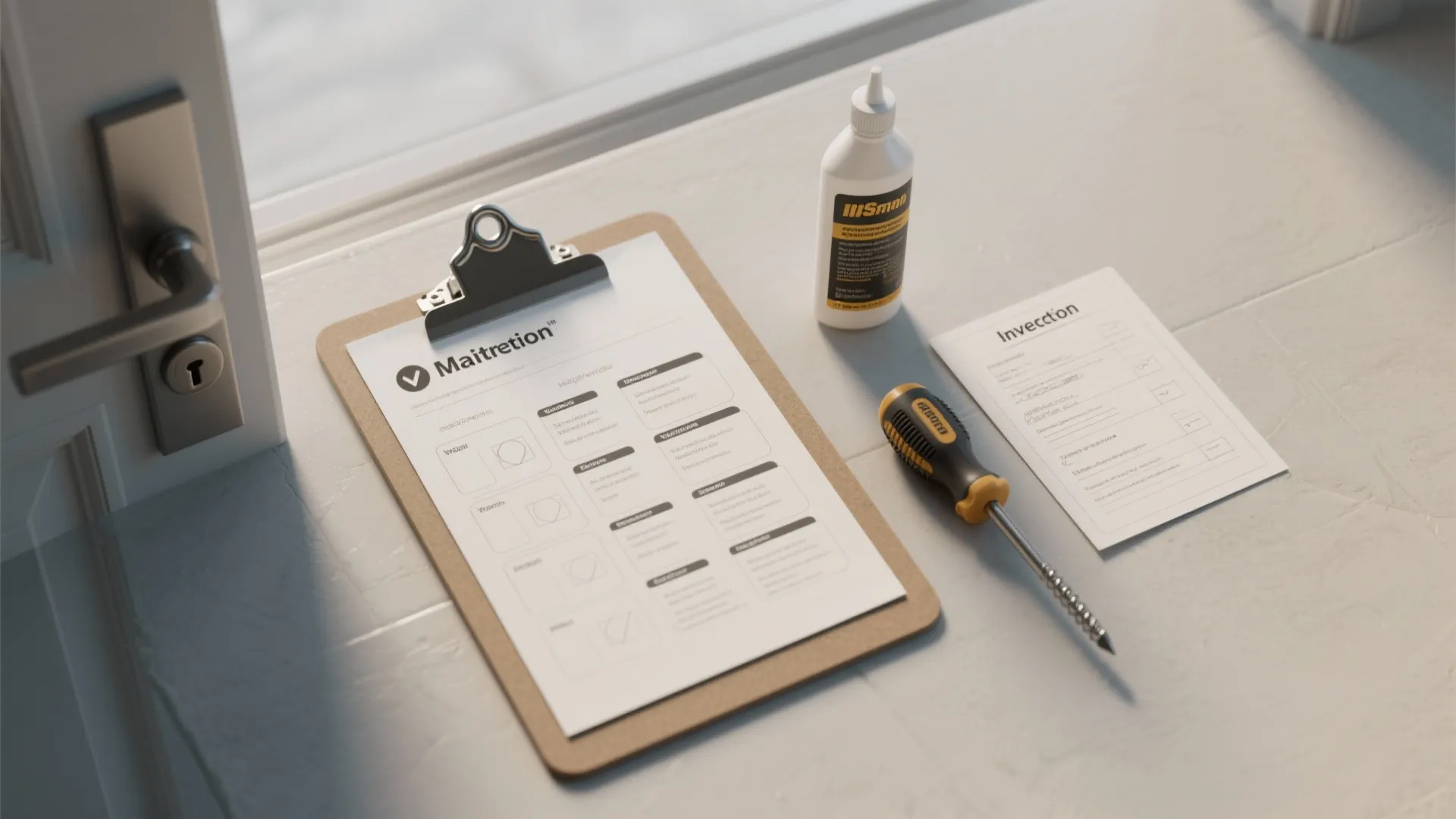 Maintenance checklist on a wooden clipboard with a yellow screwdriver and white bottle on desk